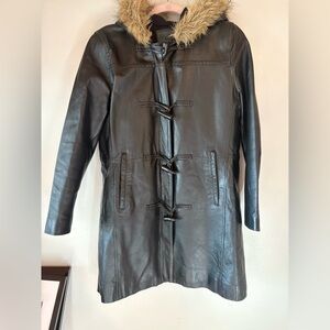 Jaclyn Smith Genuine Black Leather Jacket with Faux Fur Hood